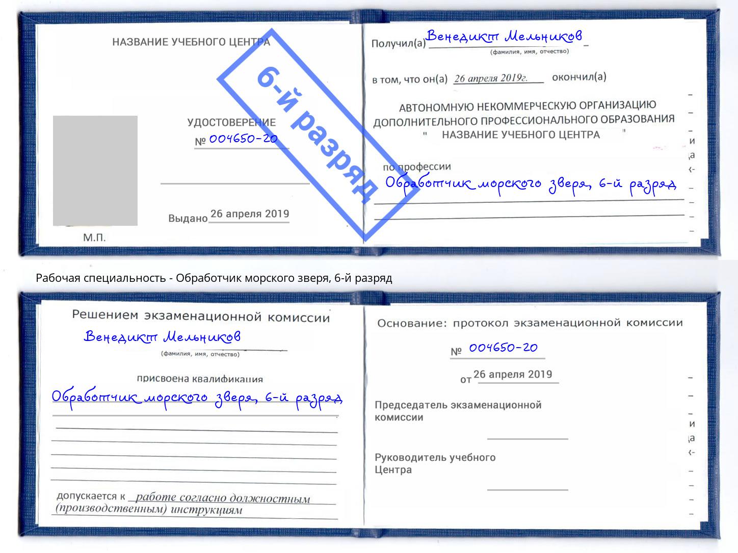 корочка 6-й разряд Обработчик морского зверя Нововоронеж