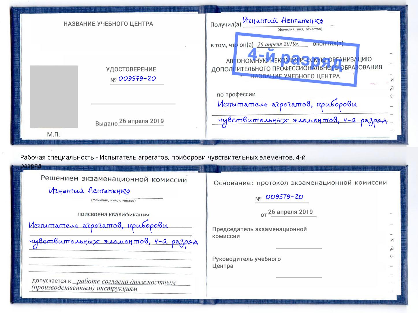 корочка 4-й разряд Испытатель агрегатов, приборови чувствительных элементов Нововоронеж