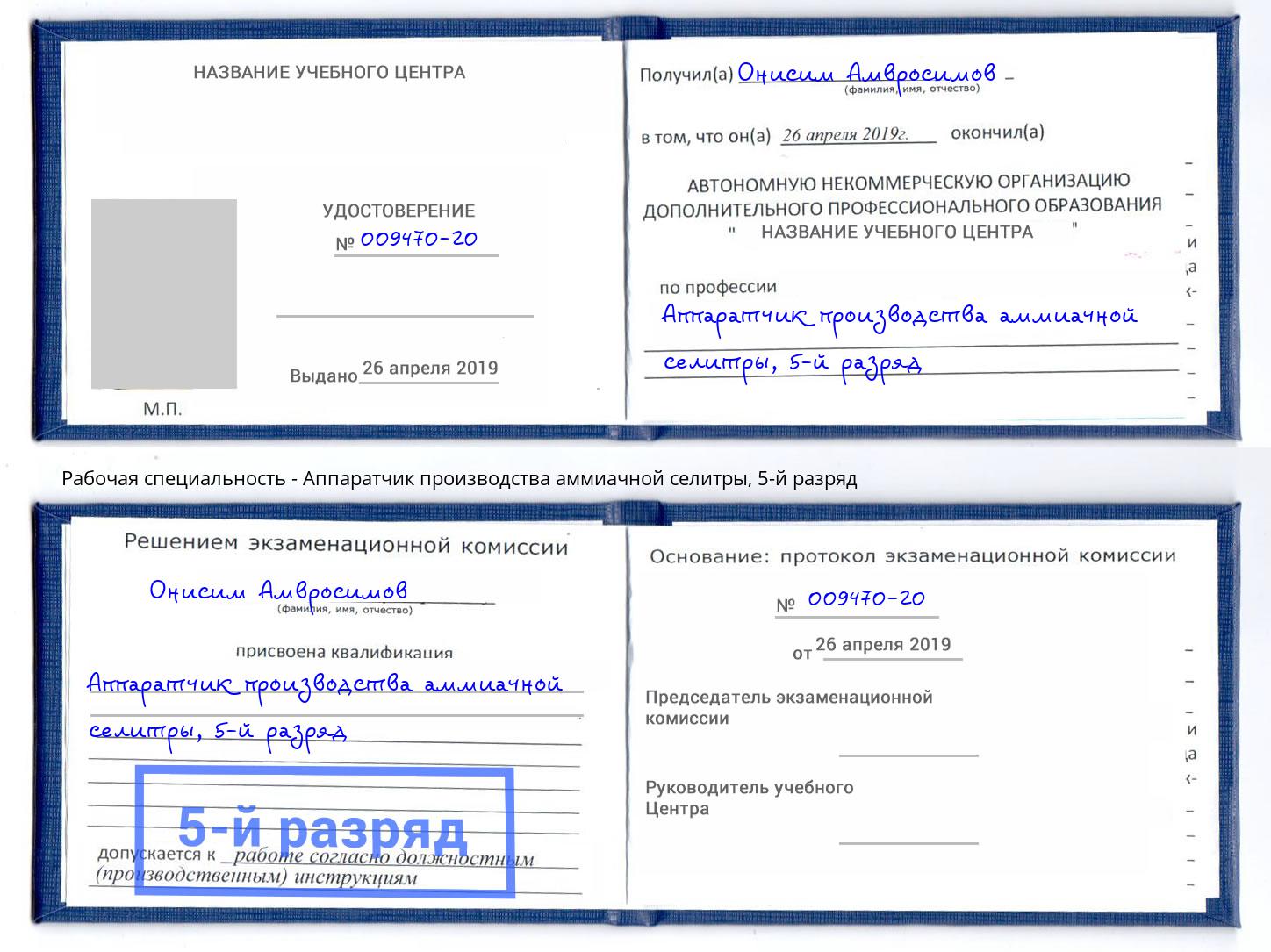 корочка 5-й разряд Аппаратчик производства аммиачной селитры Нововоронеж