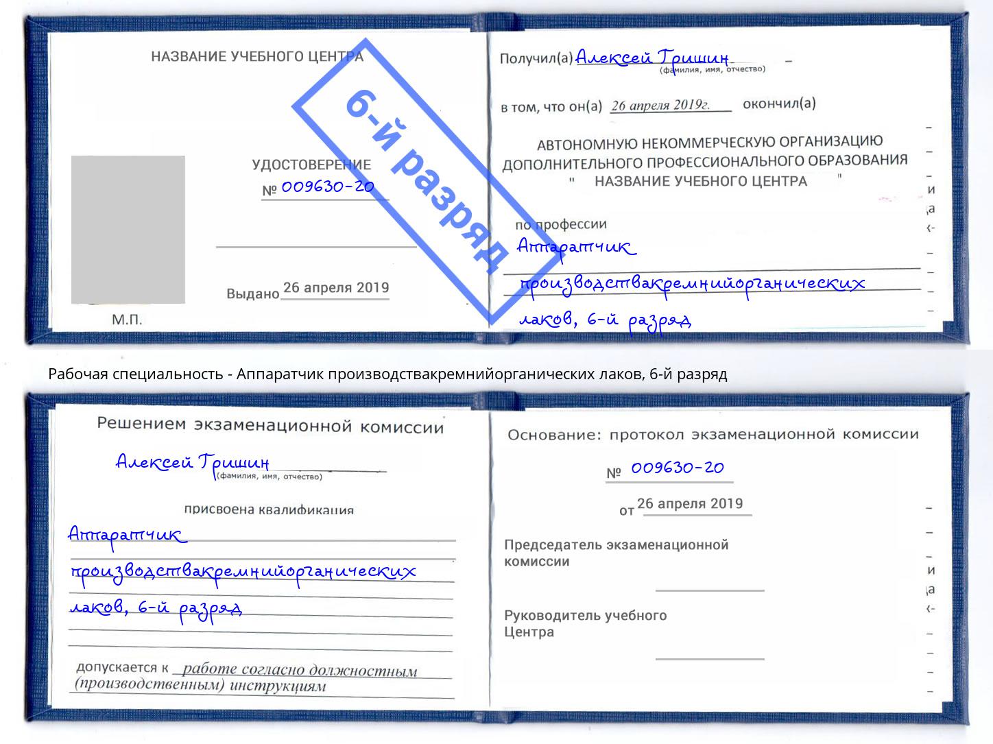 корочка 6-й разряд Аппаратчик производствакремнийорганических лаков Нововоронеж